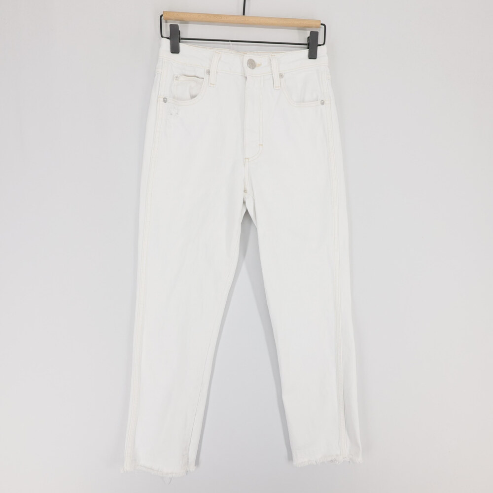 AMO Chloe Crop Jeans Womens 24 White High Rise Straight Leg Raw Hem Distressed